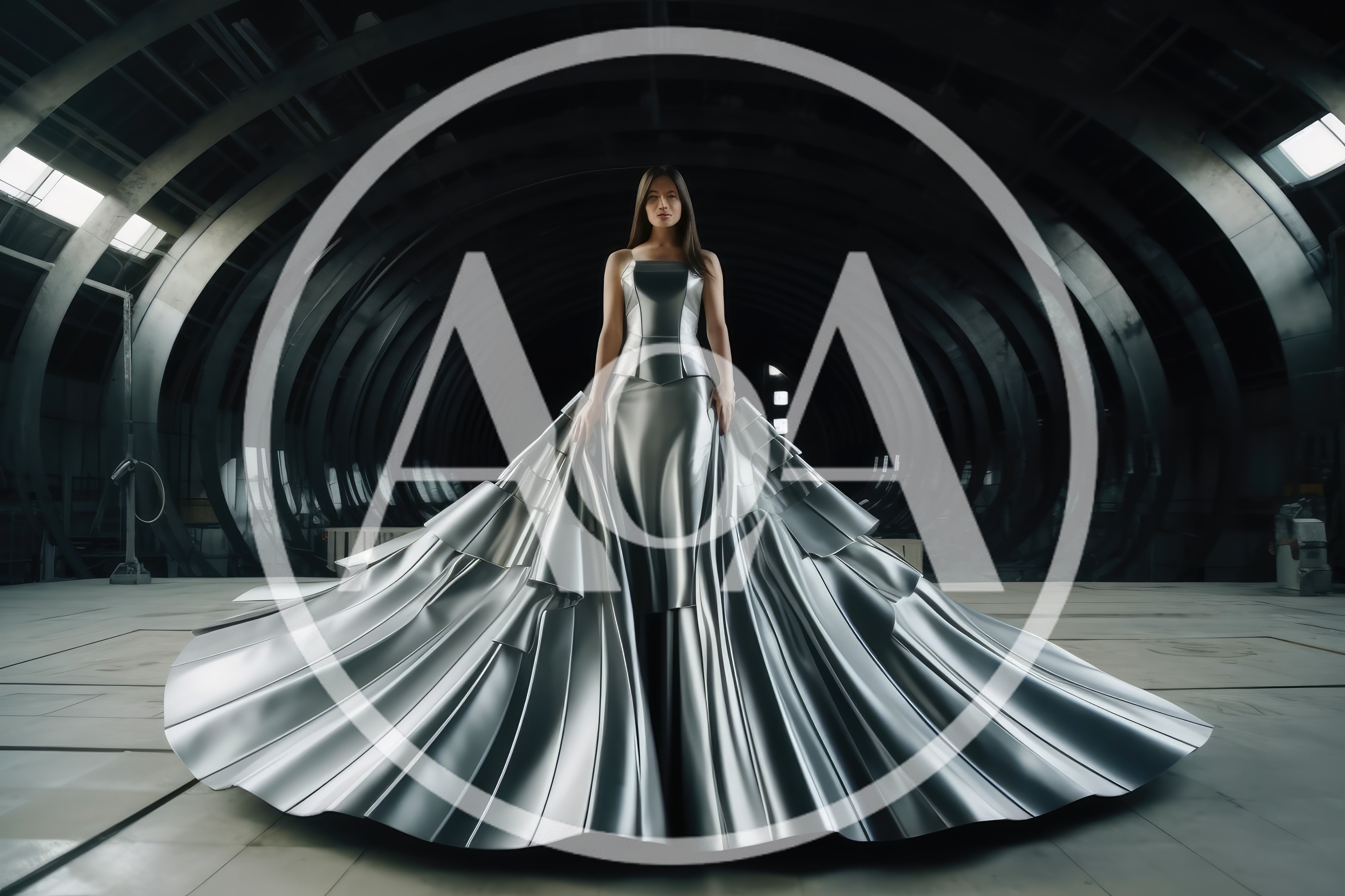 Woman Wearing Metallic Futuristic Gown in Industrial Hangar