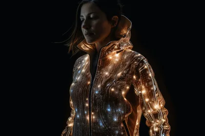 Woman Wearing Futuristic Glowing Fiber Optic Jacket