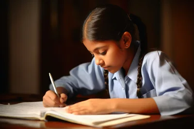 Young Indian Girl Studying And Writing In A Notebook