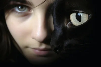 Close Up Portrait Of A Girl And Black Cat