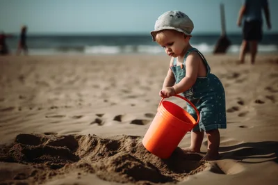 Toddler Playing With Orange Bucket On Sandy Beach