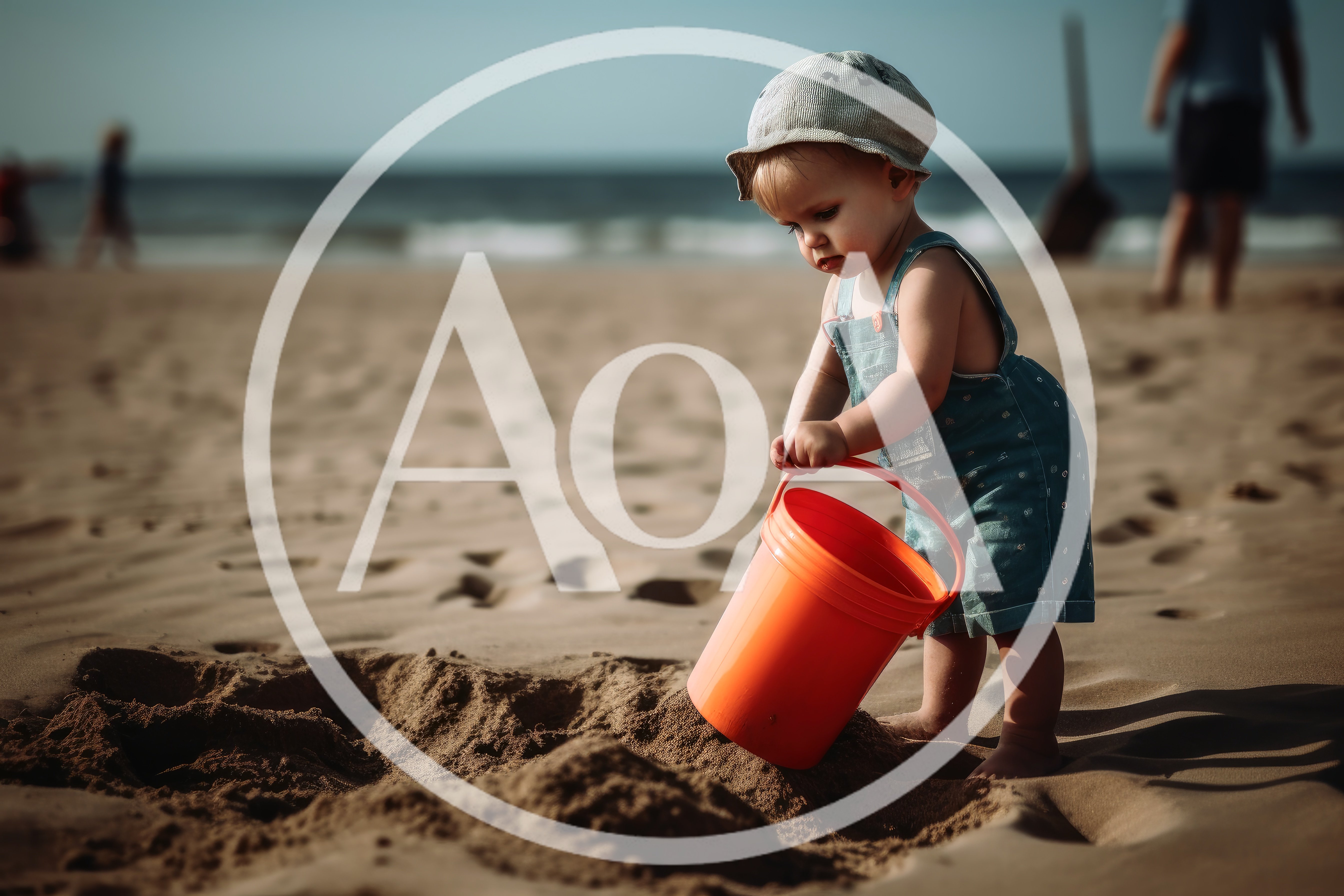Toddler Playing With Orange Bucket On Sandy Beach