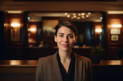 Professional Hotel Receptionist Standing At The Front Desk