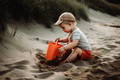 Toddler Playing With Orange Bucket In Sand Dunes