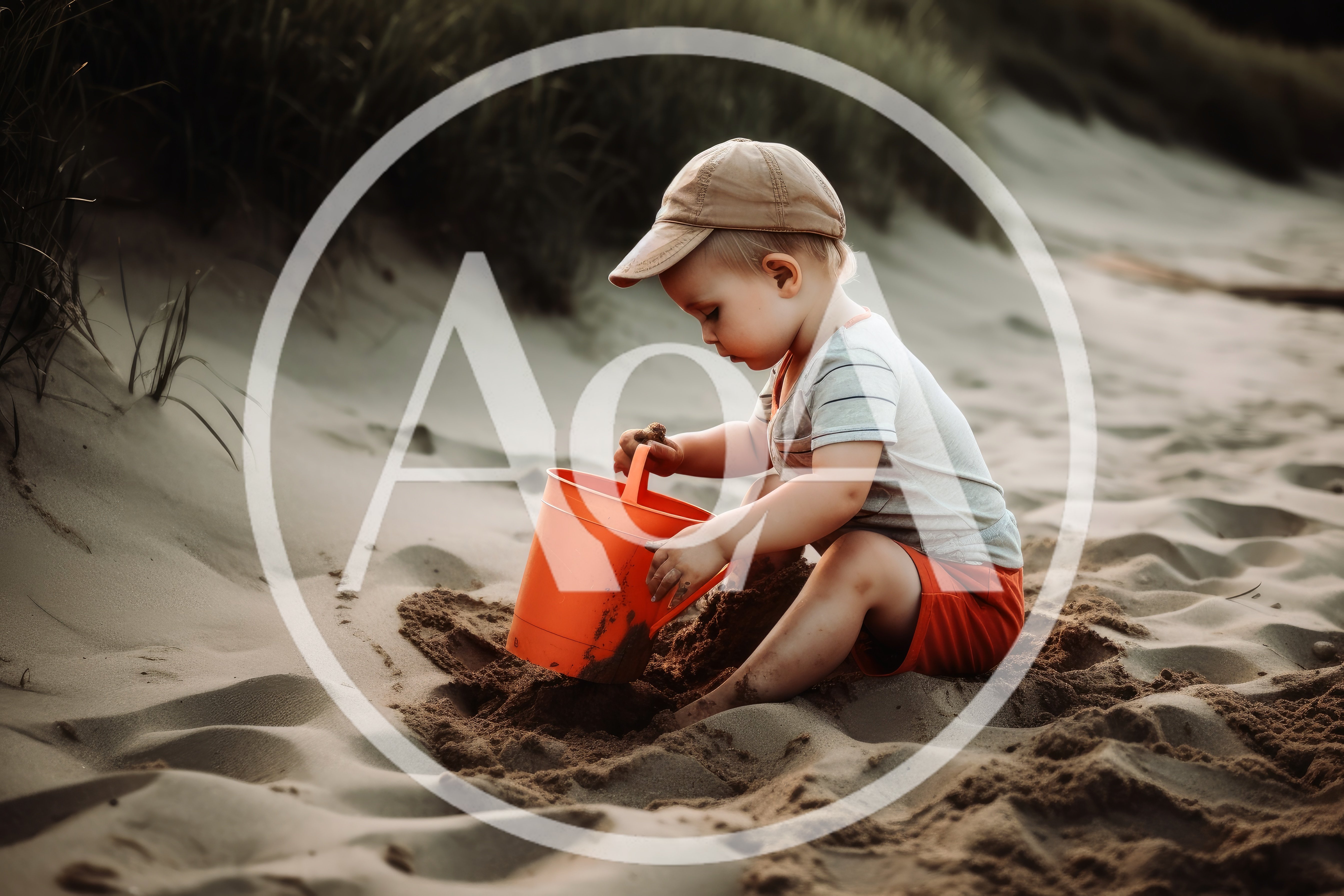 Toddler Playing With Orange Bucket In Sand Dunes