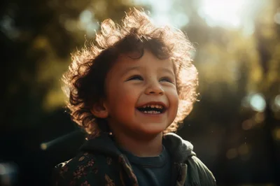 Happy Toddler Boy Laughing Outdoors In Golden Hour Sunlight