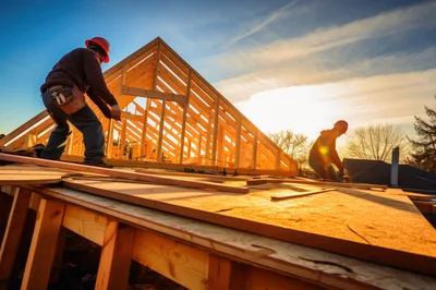 Construction Workers Framing A Residential Roof At Sunset
