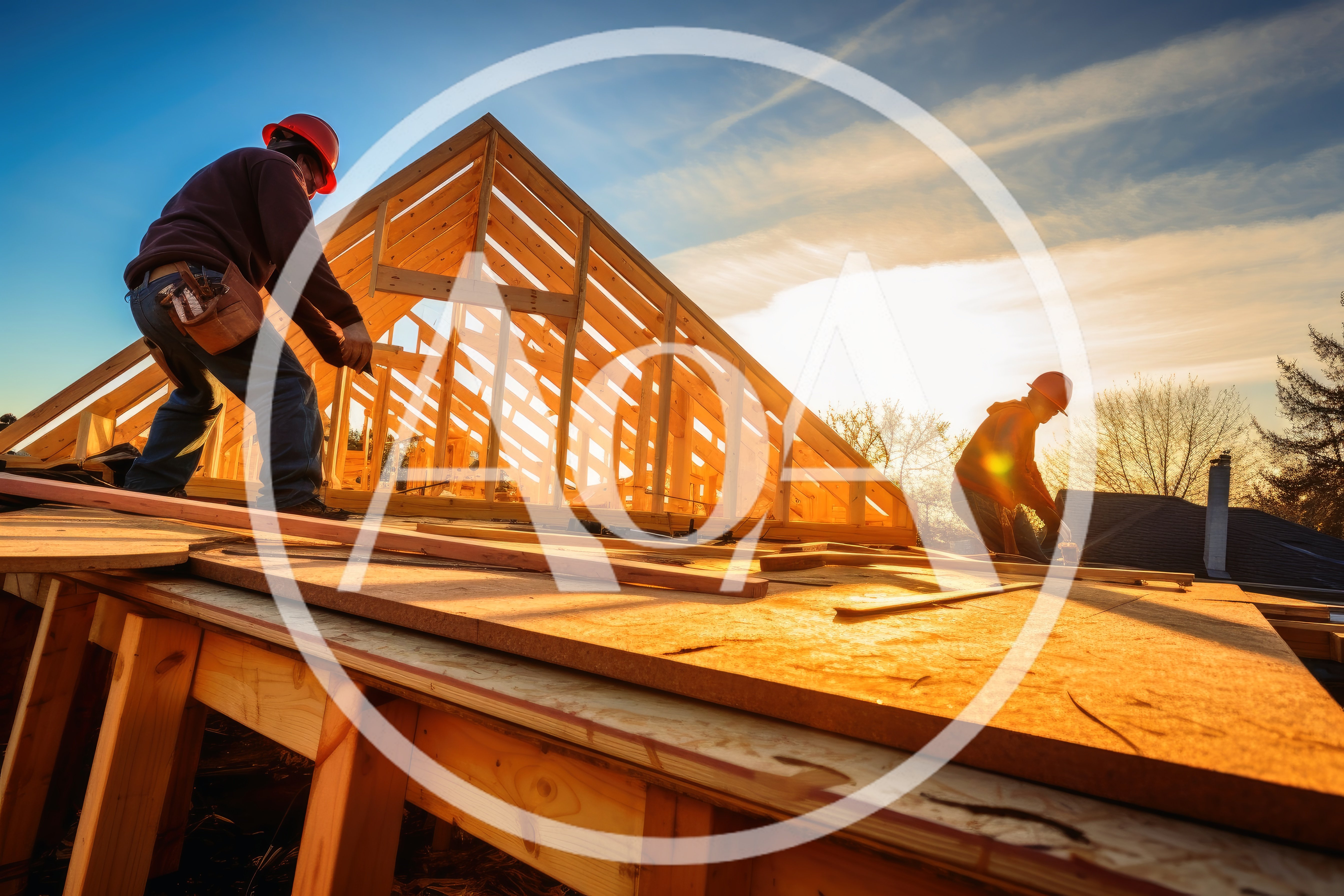 Construction Workers Framing A Residential Roof At Sunset