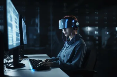 Young Woman Wearing VR Headset Working On Computer