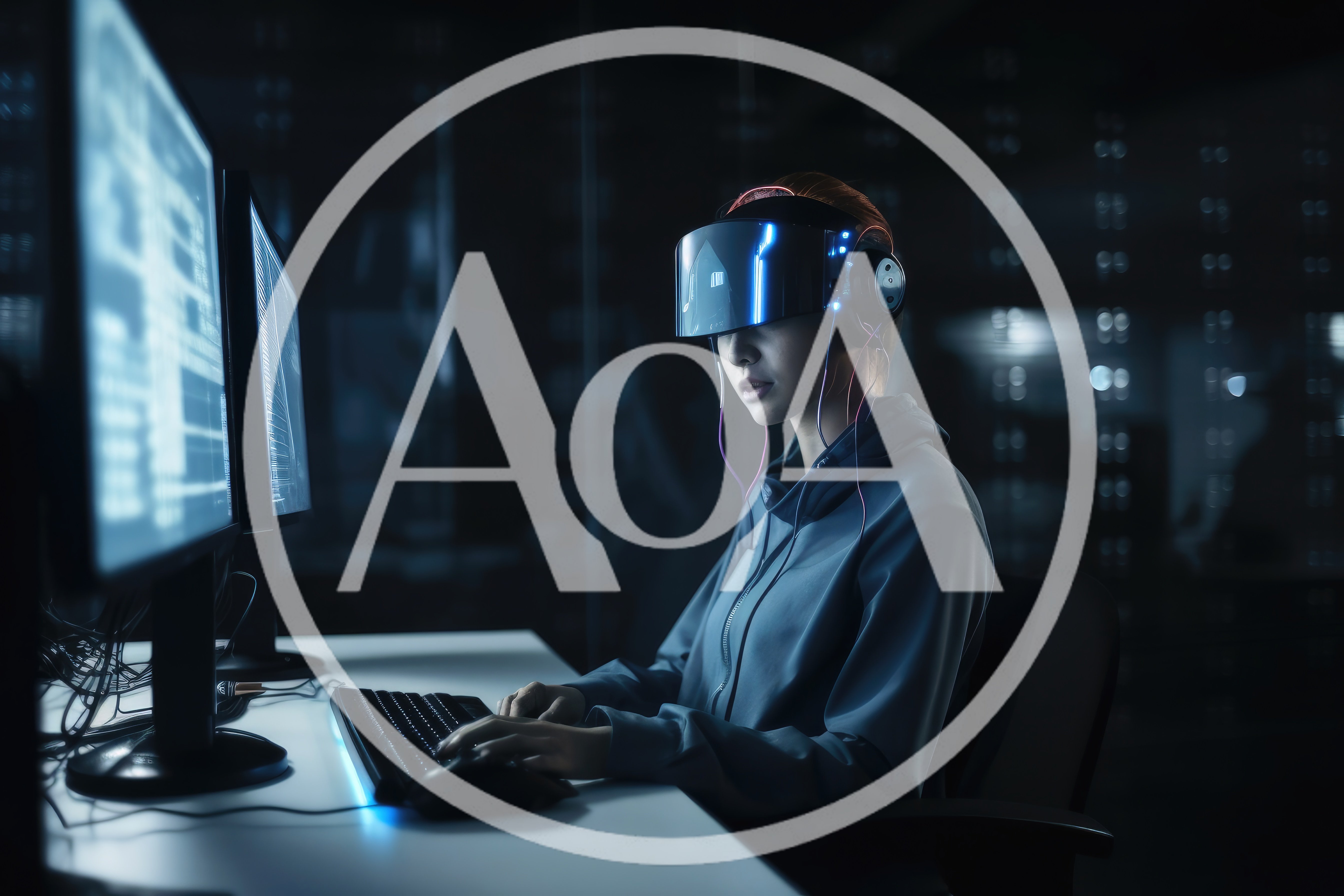 Young Woman Wearing VR Headset Working On Computer
