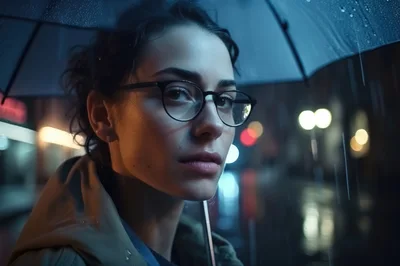 Young Woman With Glasses Standing Under Umbrella In Rain