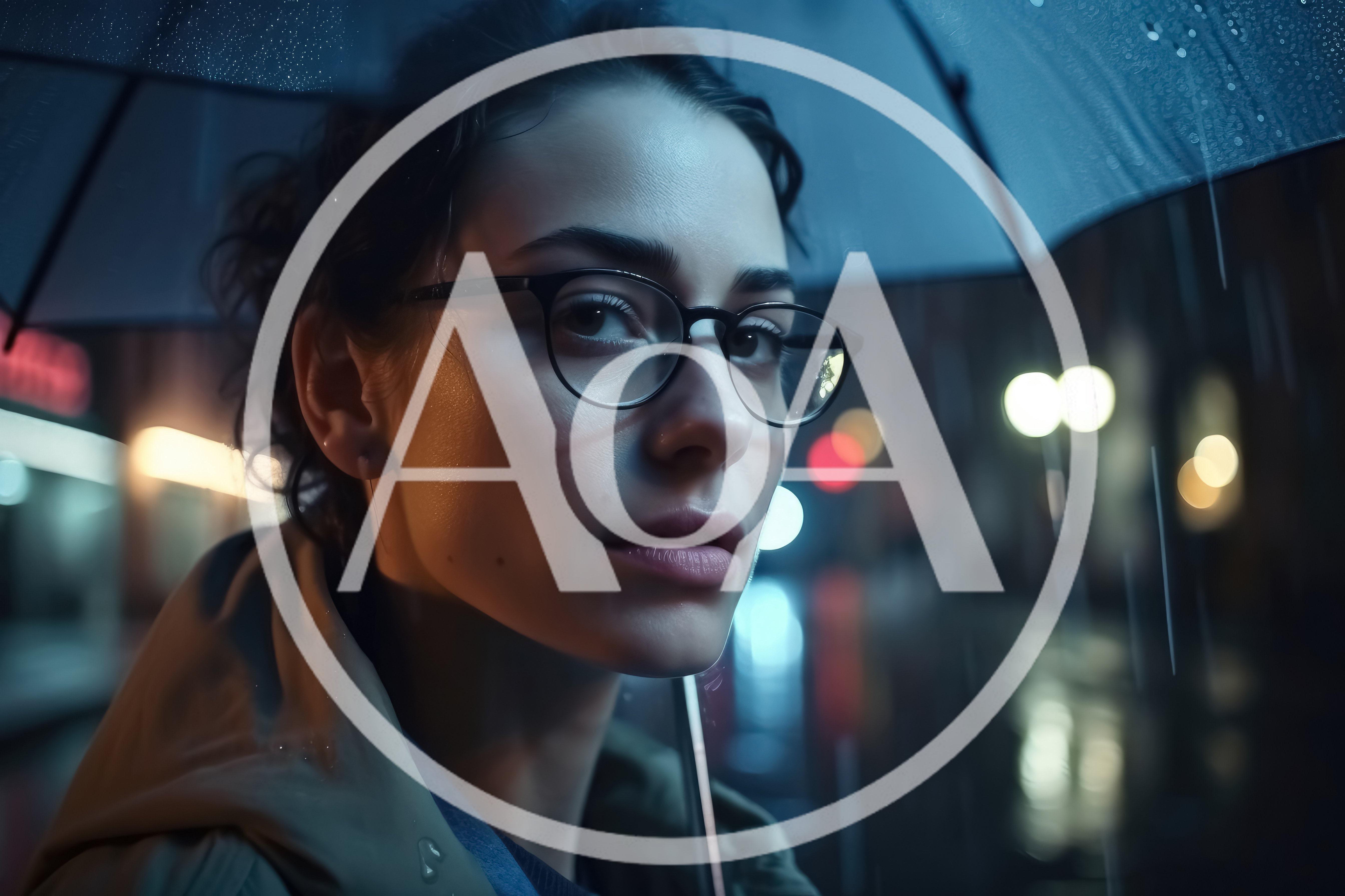 Young Woman With Glasses Standing Under Umbrella In Rain