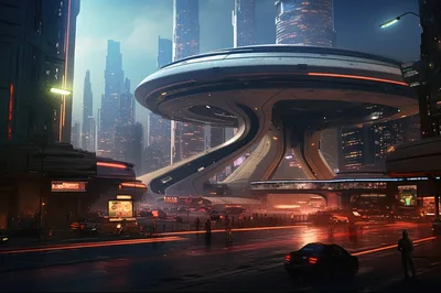 Futuristic Sci-Fi Cityscape With Flying Saucer Architecture