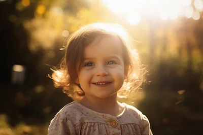 Portrait Of A Smiling Toddler In Golden Hour Sunlight