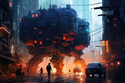 Futuristic Mech Walking Through A Cyberpunk City Street