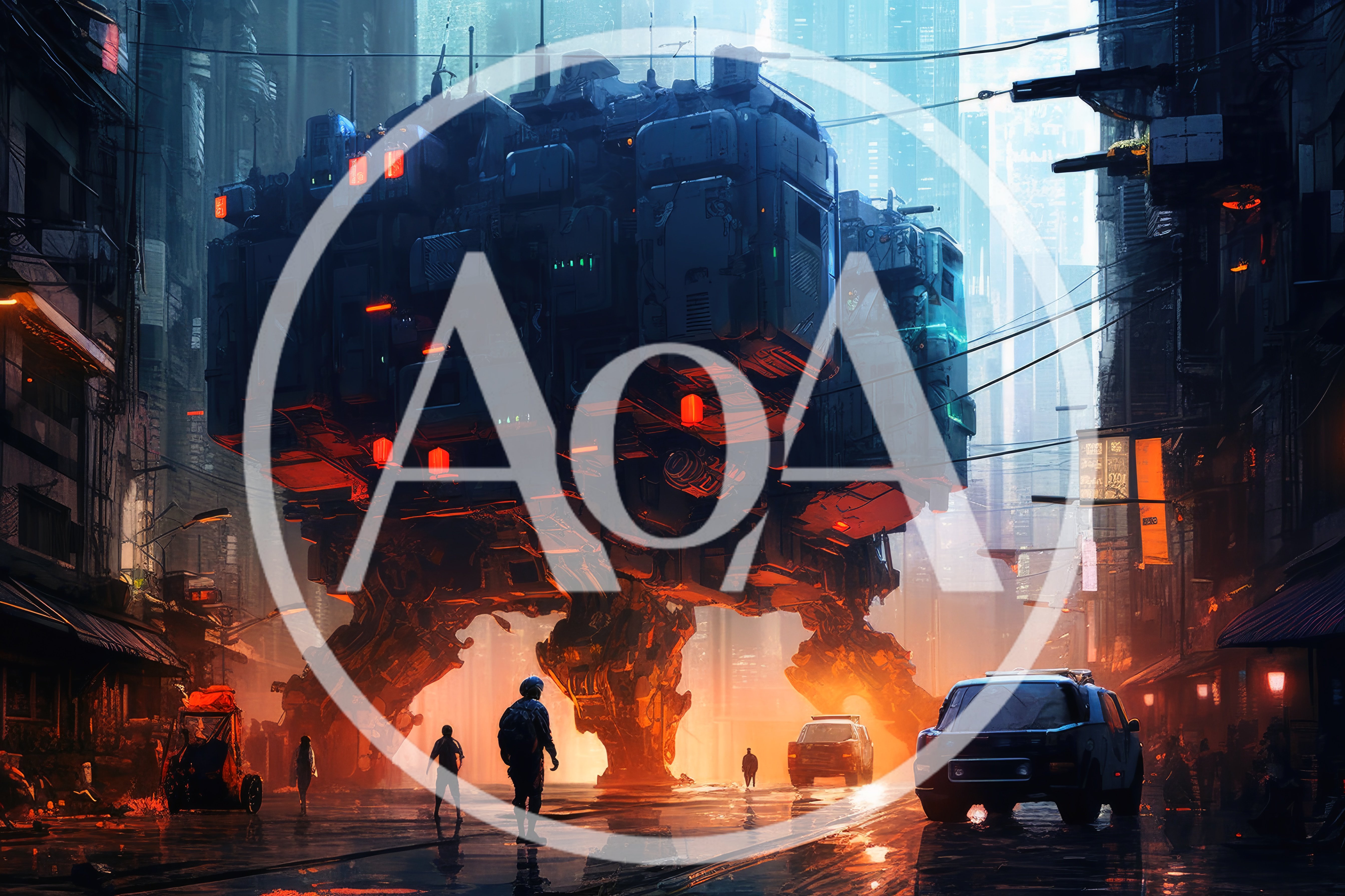Futuristic Mech Walking Through A Cyberpunk City Street