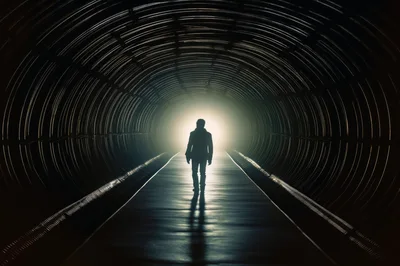 Silhouette Of A Man Walking Through A Dark Tunnel