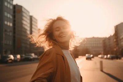 Happy Woman Smiling Outdoors During Golden Hour