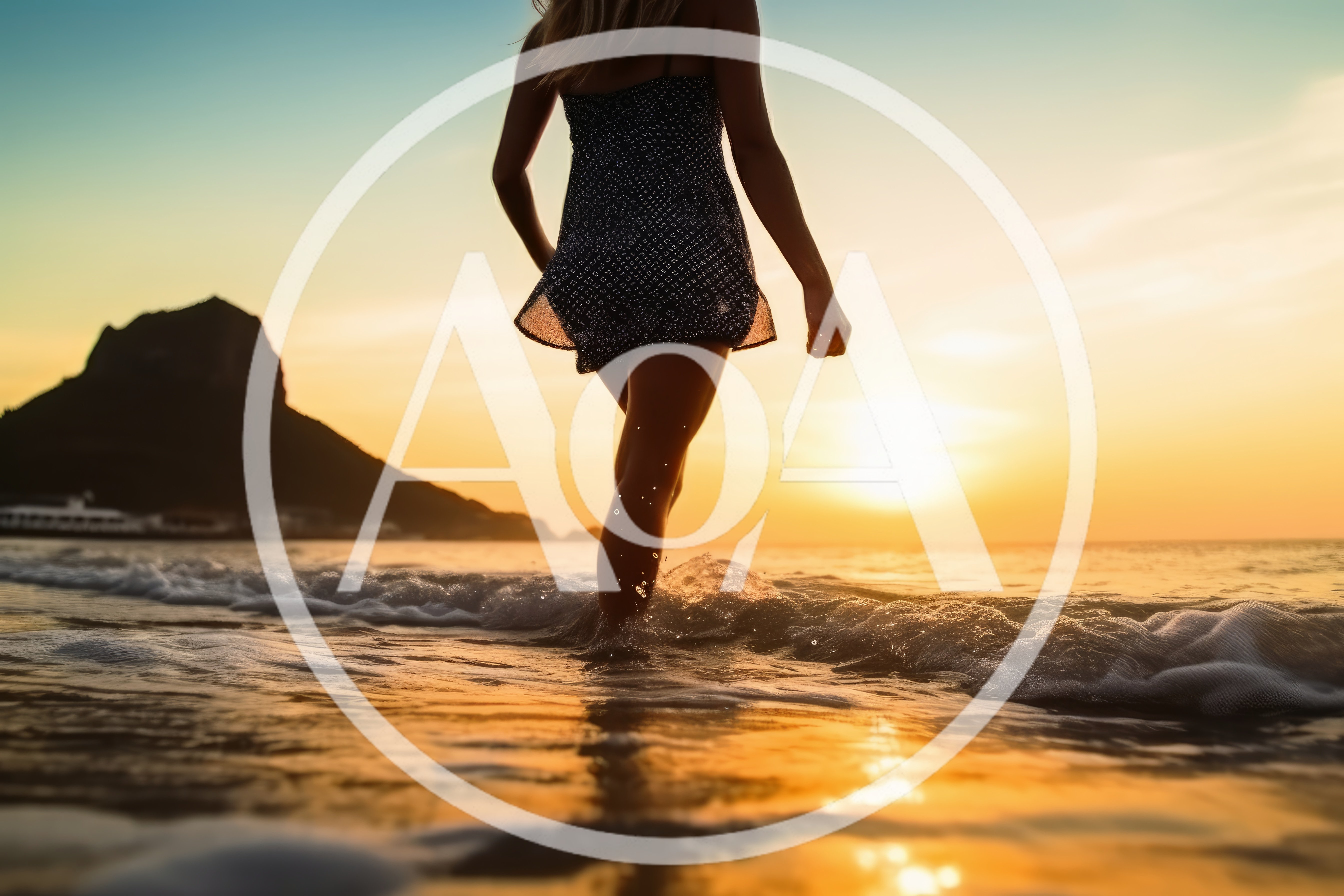 Woman Walking Through Ocean Waves At Sunset