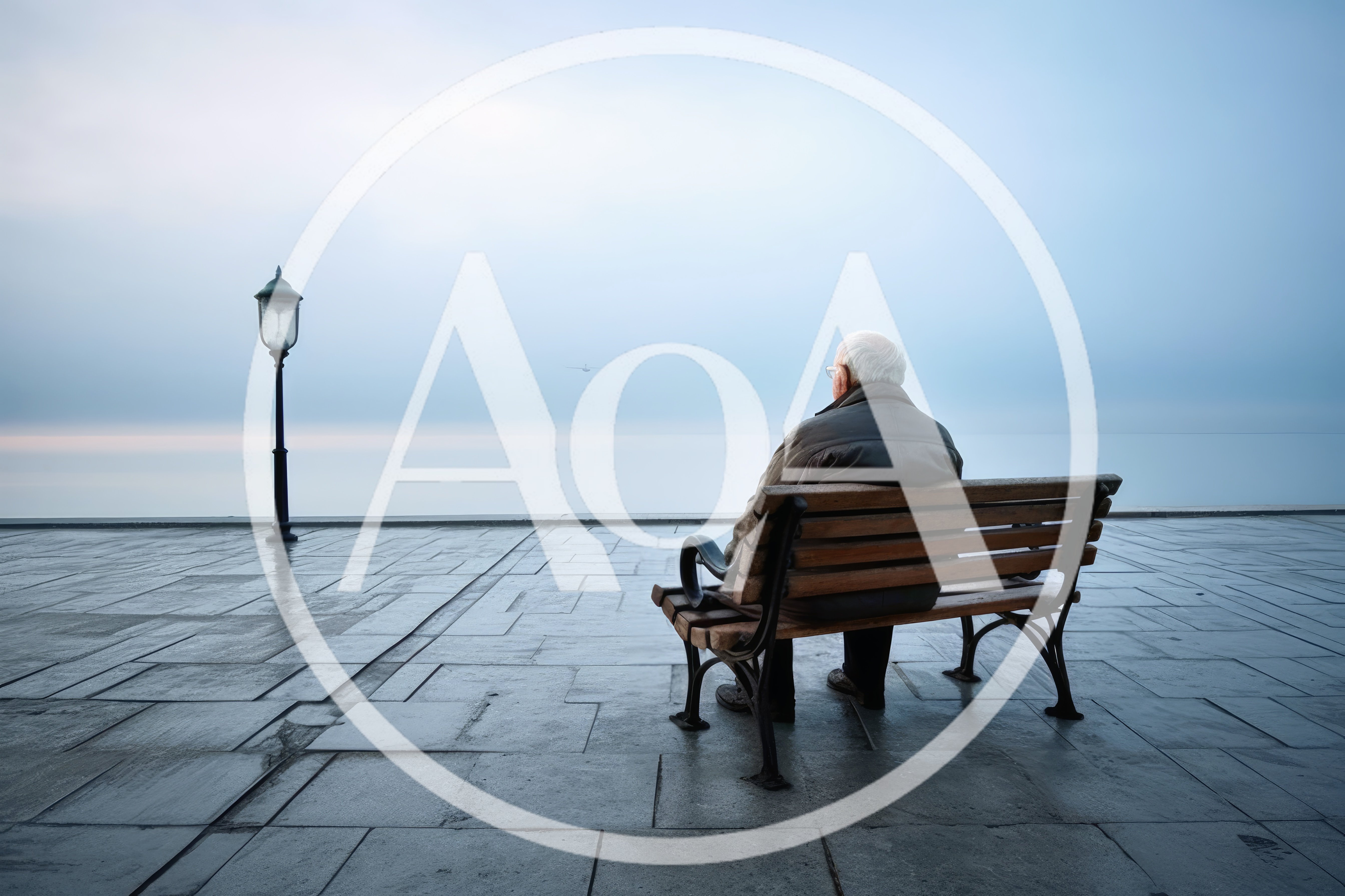 Elderly Man Sitting Alone On A Bench By The Sea