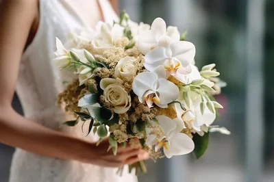 Bride Holding Elegant White Orchid and Rose Wedding Bouquet