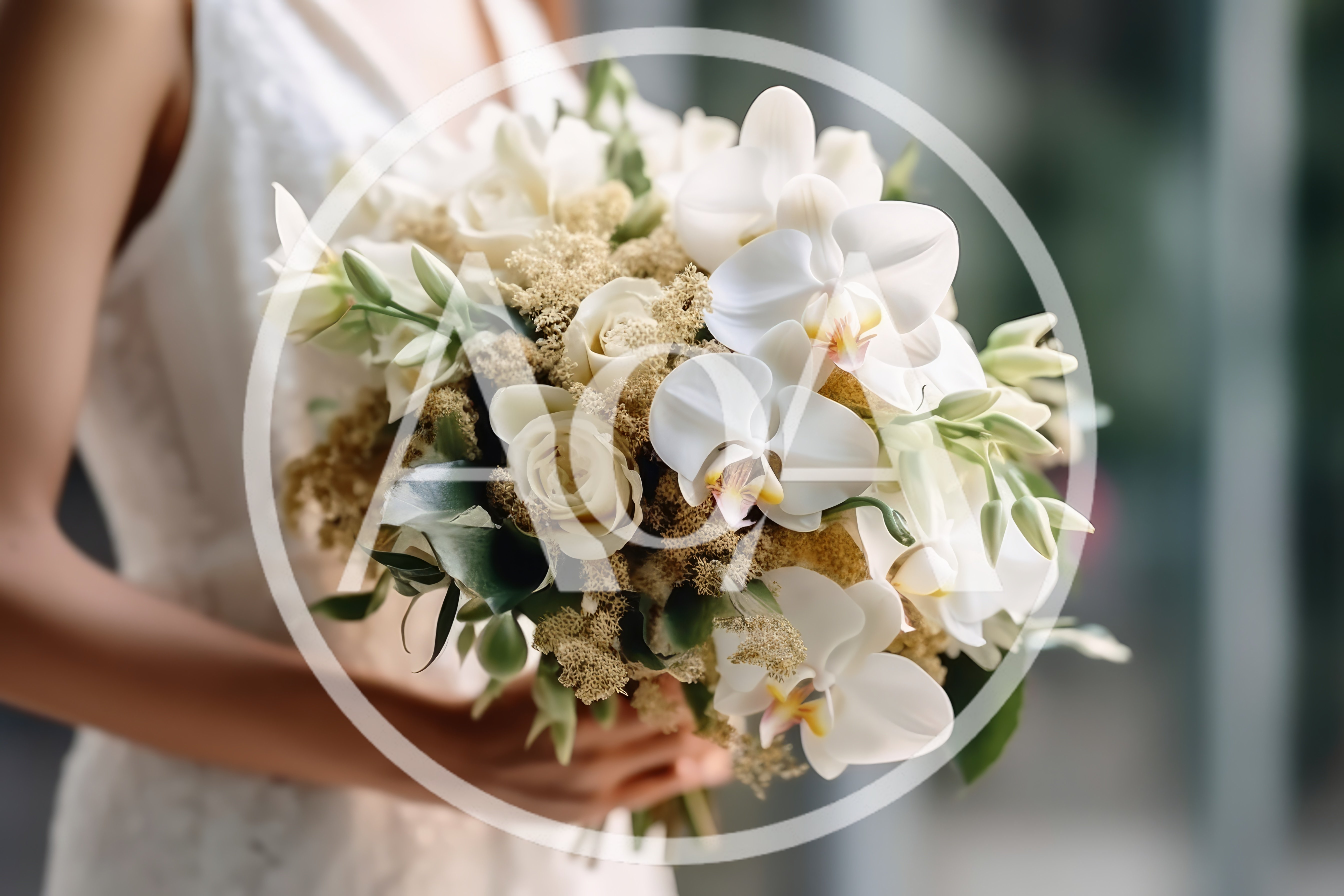 Bride Holding Elegant White Orchid and Rose Wedding Bouquet