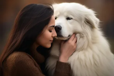 Young Woman Cuddling Her Large White Fluffy Dog