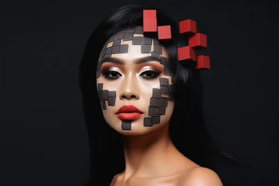 Portrait Of A Woman With Geometric Cube Makeup