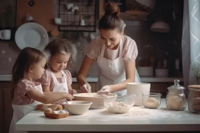 Mother And Two Daughters Baking Together In Kitchen