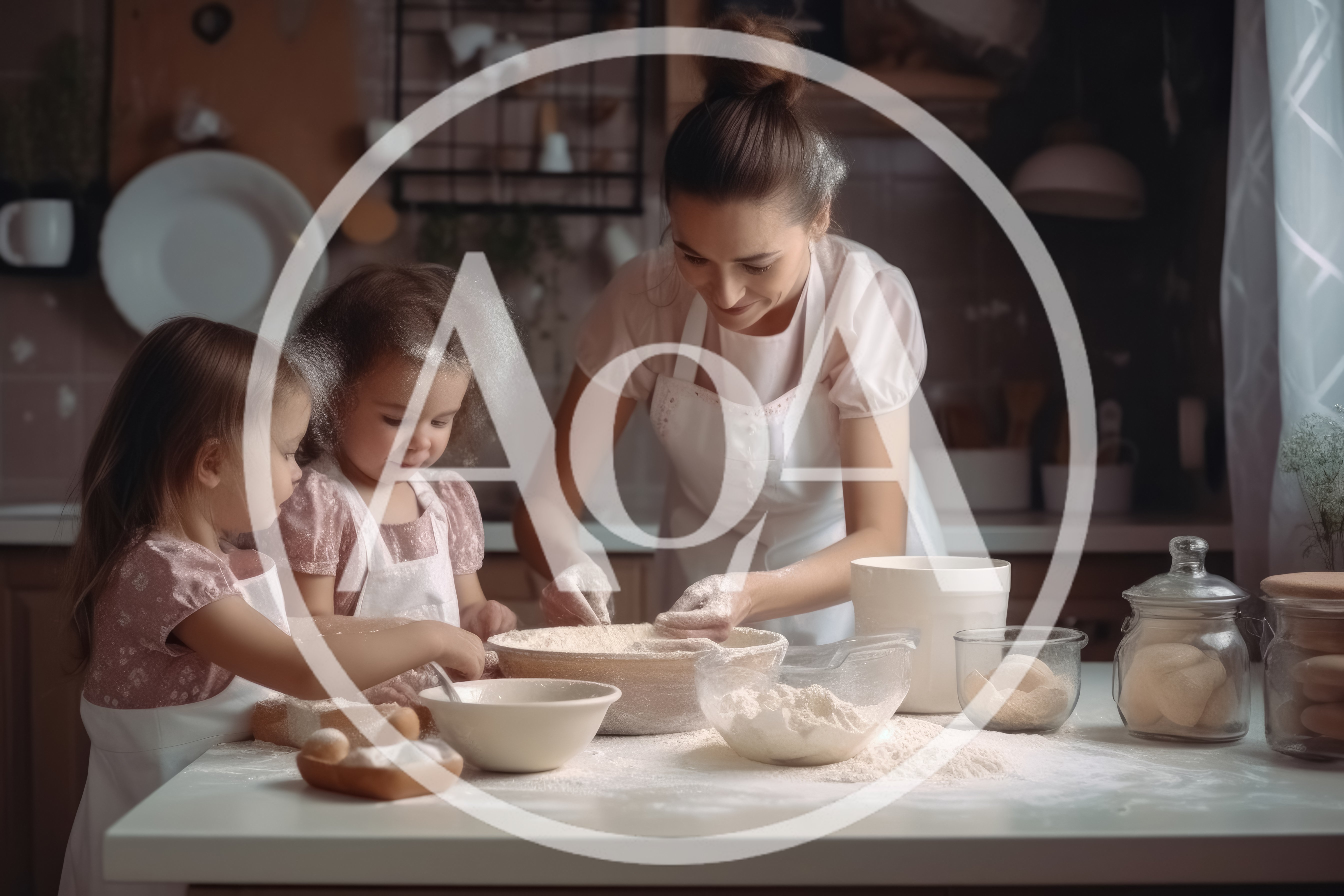 Mother And Two Daughters Baking Together In Kitchen