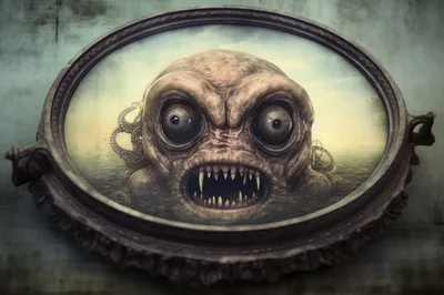 Surreal Monster Head Inside An Ornate Oval Mirror