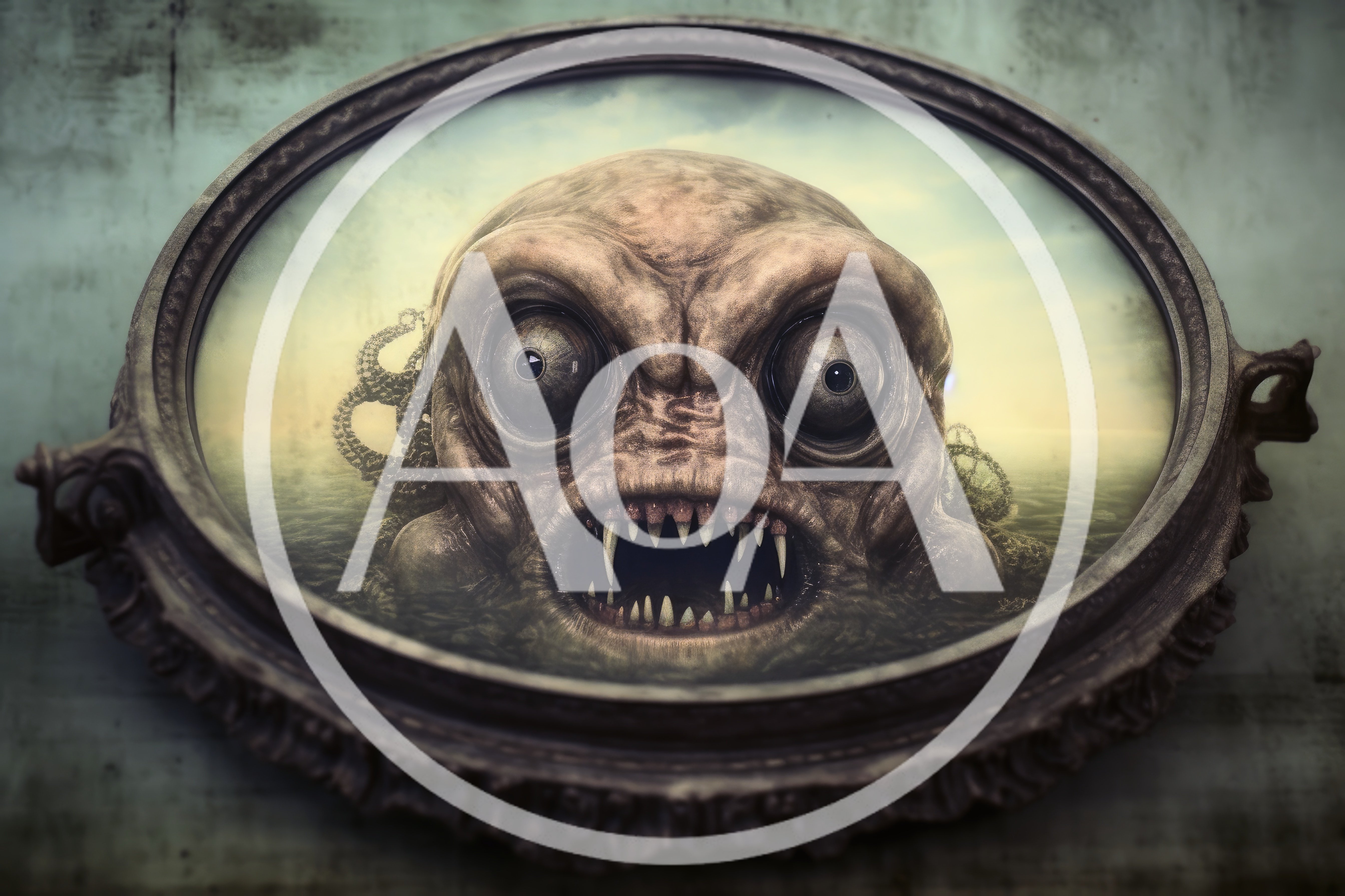 Surreal Monster Head Inside An Ornate Oval Mirror