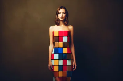 Woman Wearing A Geometric Cube Pattern Dress