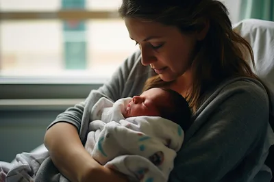 Mother Holding Her Newborn Baby In Hospital Bed