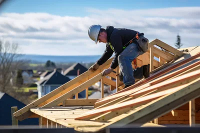 Construction Worker Installing Wooden Roof Trusses