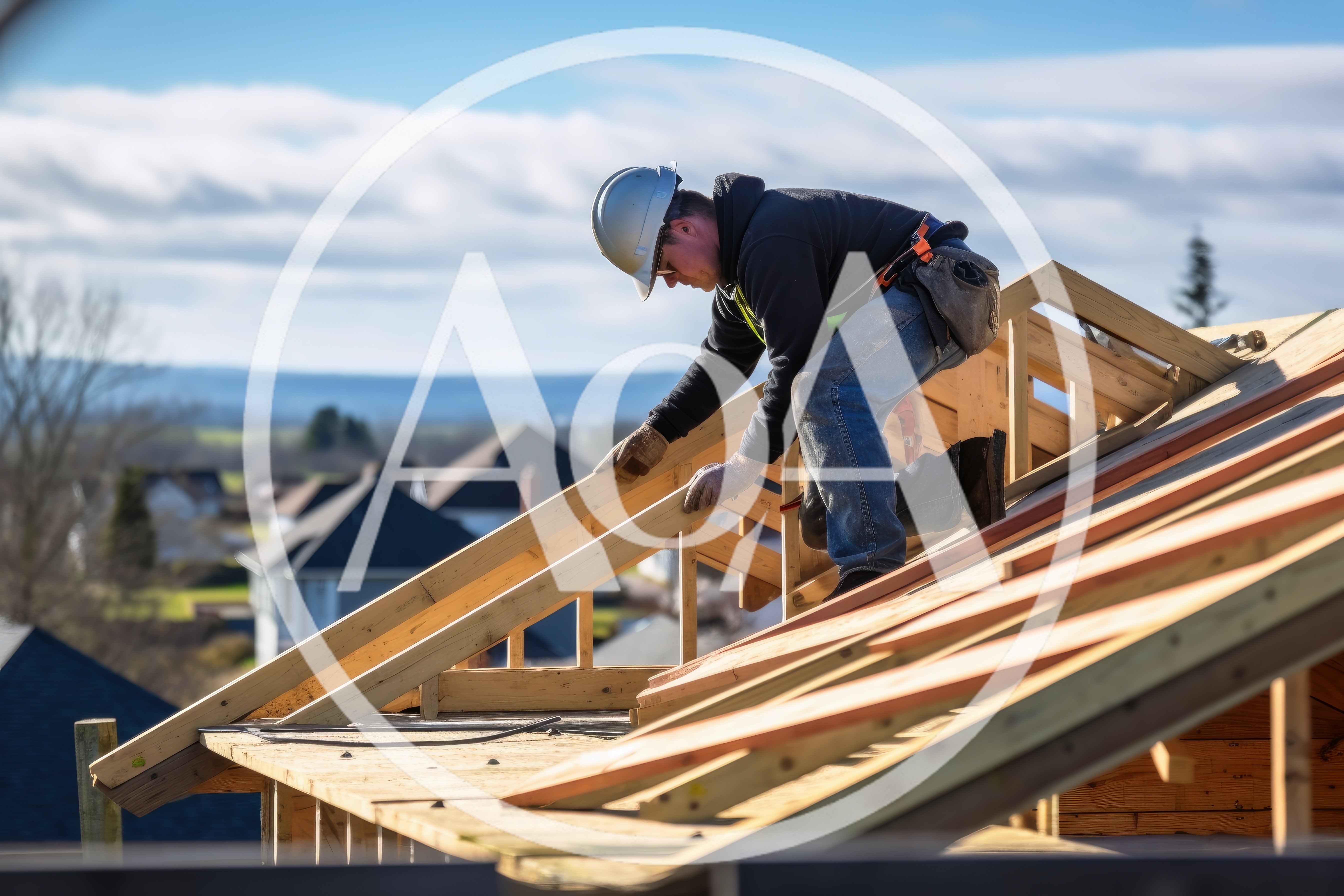 Construction Worker Installing Wooden Roof Trusses