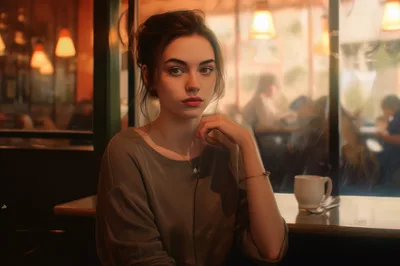 Young Woman Sitting At A Cafe Table