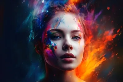 Portrait Of A Woman With Vibrant Abstract Paint Splatters