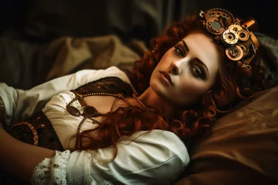 Steampunk Woman With Red Hair And Mechanical Goggles