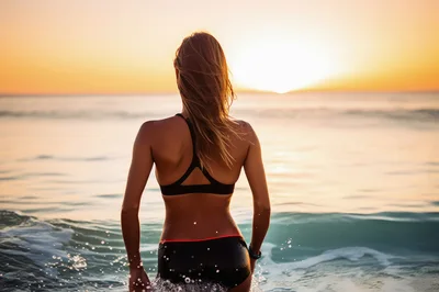 Woman Standing In Ocean At Sunset