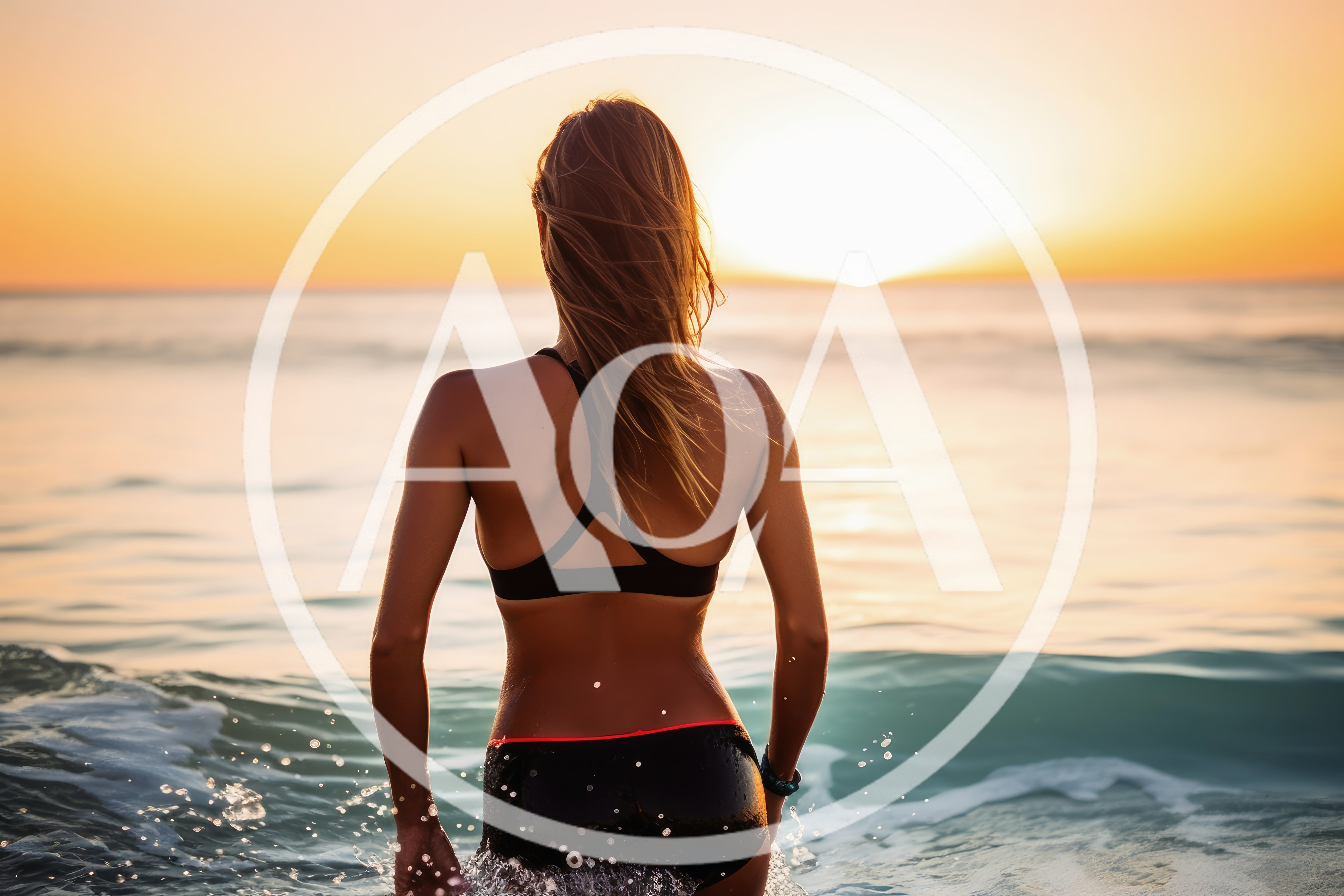 Woman Standing In Ocean At Sunset