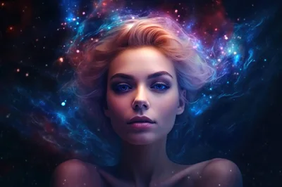 Ethereal Woman Floating In A Cosmic Nebula Background