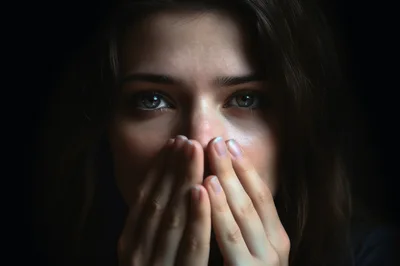 Close Up Portrait Of A Woman Covering Her Mouth