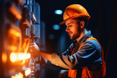 Electrician Working On Industrial Control Panel In Factory
