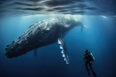 Scuba Diver Swimming Near A Humpback Whale