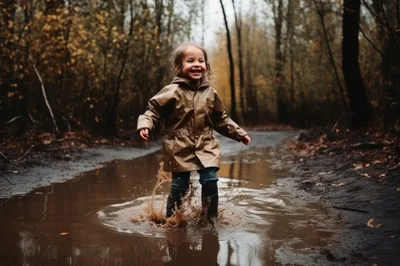 Happy Child Jumping In Muddy Puddle In Forest