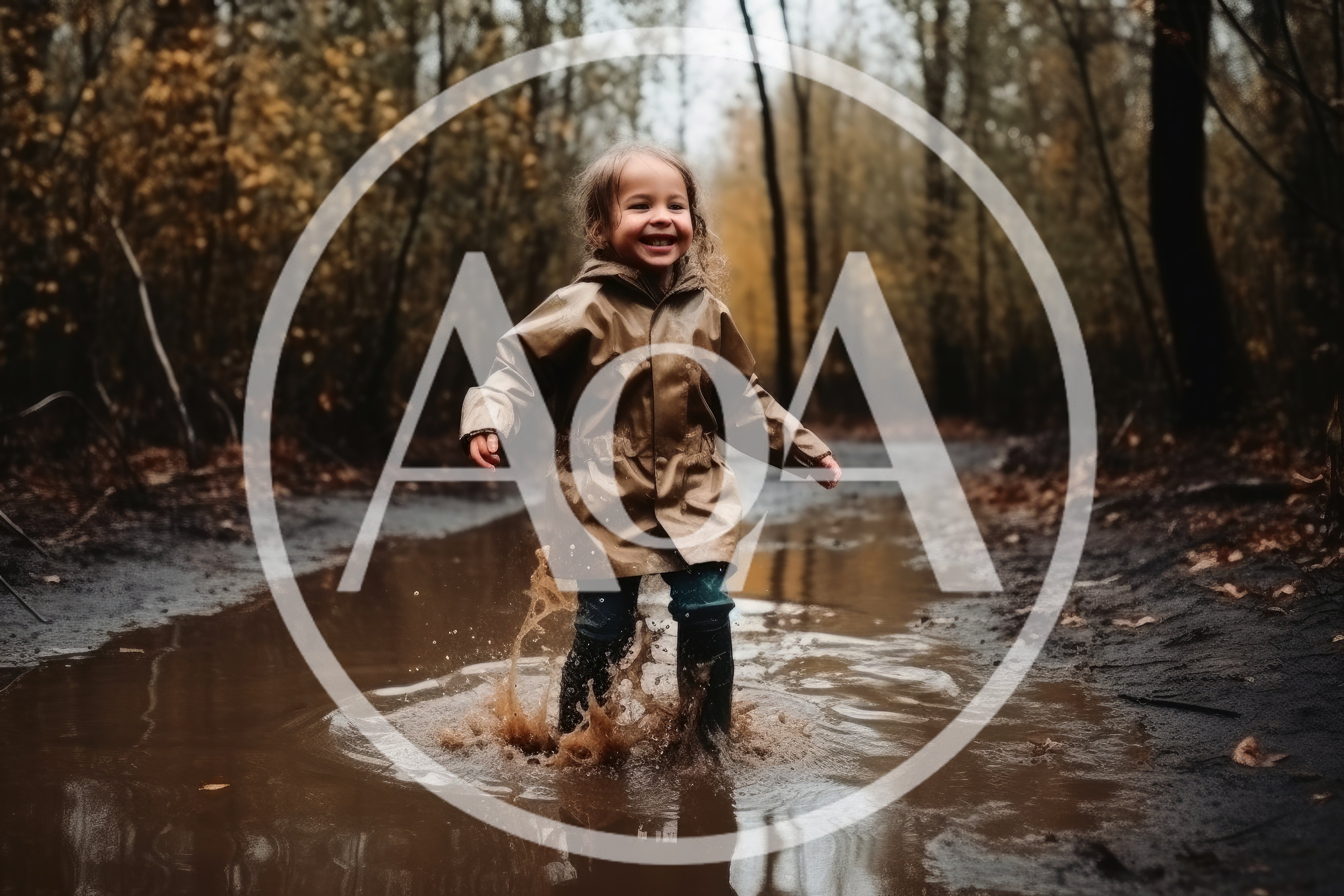 Happy Child Jumping In Muddy Puddle In Forest