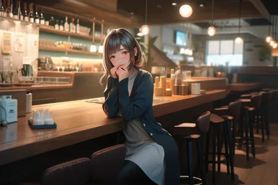 Anime Style Woman Sitting At A Bar Counter