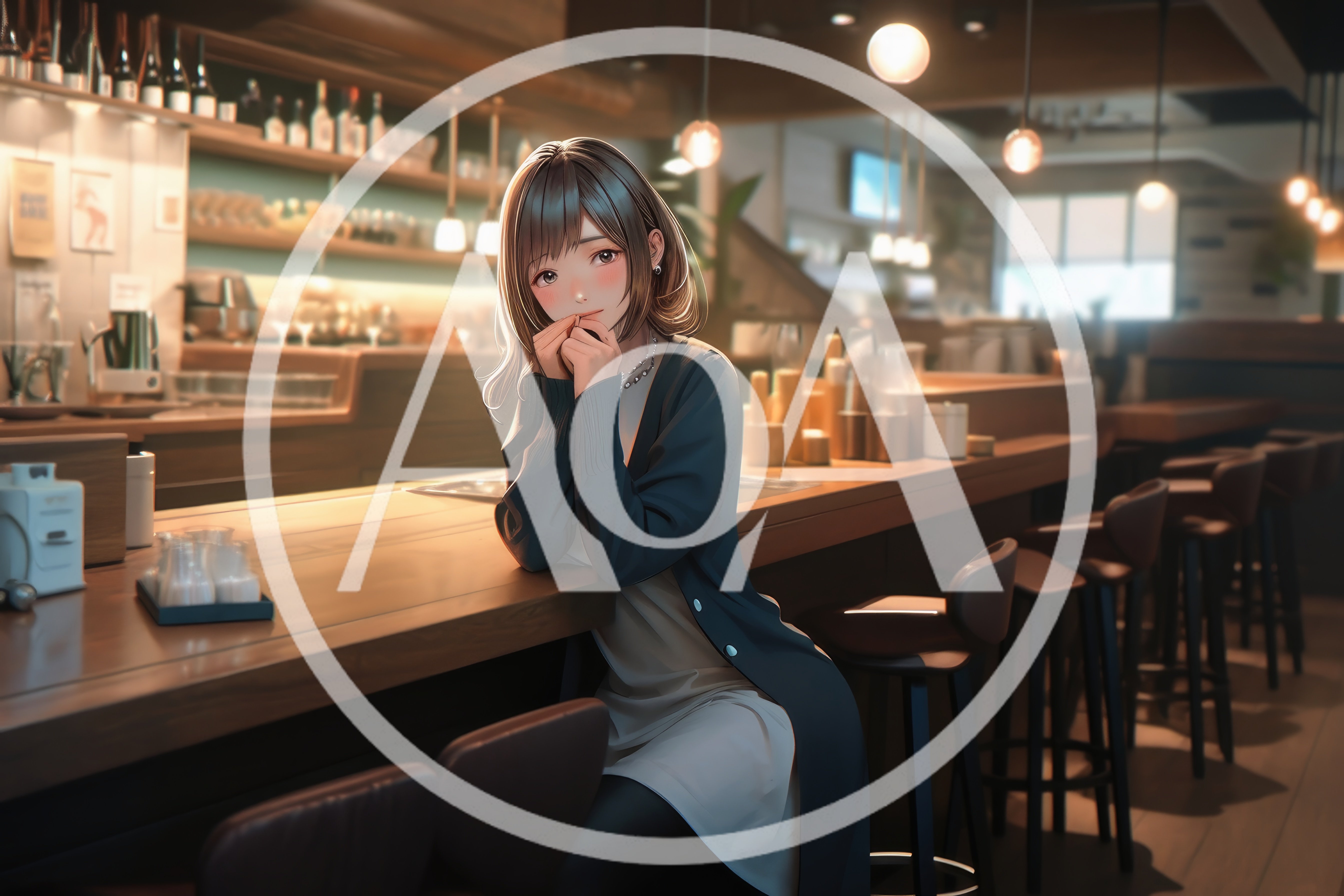 Anime Style Woman Sitting At A Bar Counter