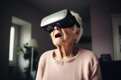 Elderly Woman Experiencing Virtual Reality Headset